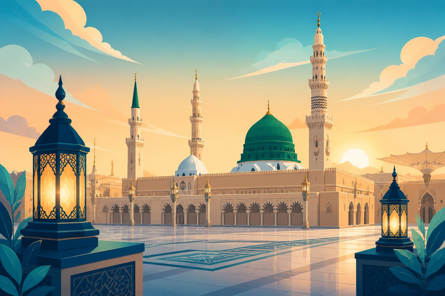 Ilustrasi Masjid Nabawi saat sunrise